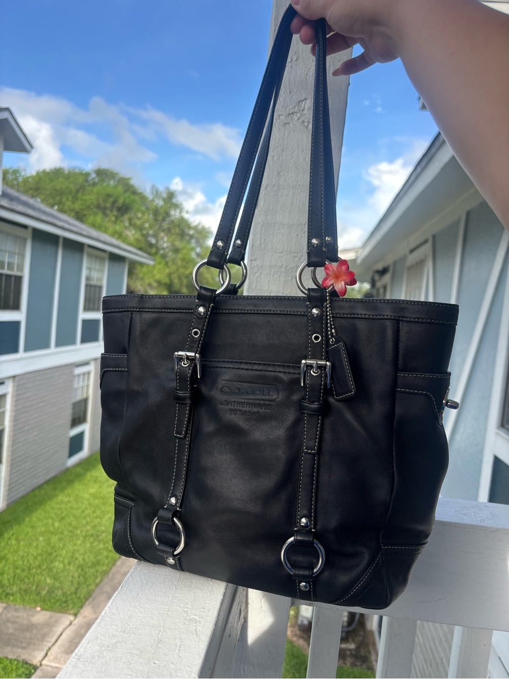 Coach Black Leather Tote with Silver Hardware